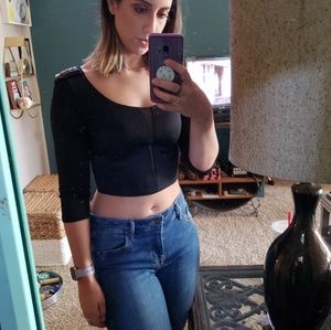 Black Crop Top Beades Shoulder